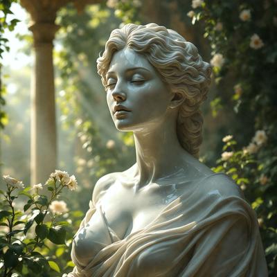 The primary subject of the image is a white statue of a woman, possibly a Roman statue, with a flowing dress. The statue is positioned in a garden setting, surrounded by greenery and flowers. The visual style of the image is a combination of photo and digital art, creating a realistic yet artistic representation of the statue. The colors and mood of the image are predominantly green and serene, with the statue's white color contrasting beautifully against the lush greenery and flowers.